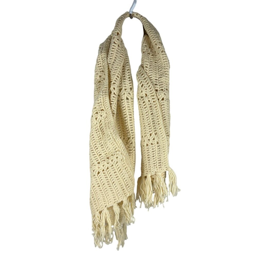Handmade Ivory Crochet Scarf With Fringe - Cozy & Stylish Winter Accessory